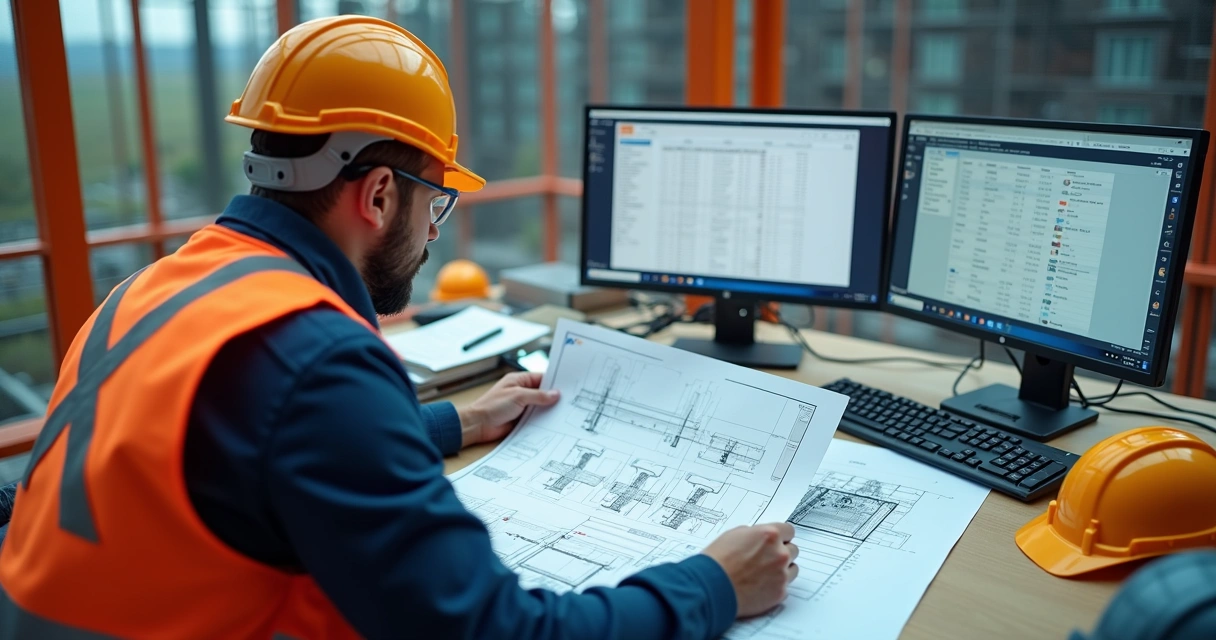 Técnico analisando plano de montagem de andaime