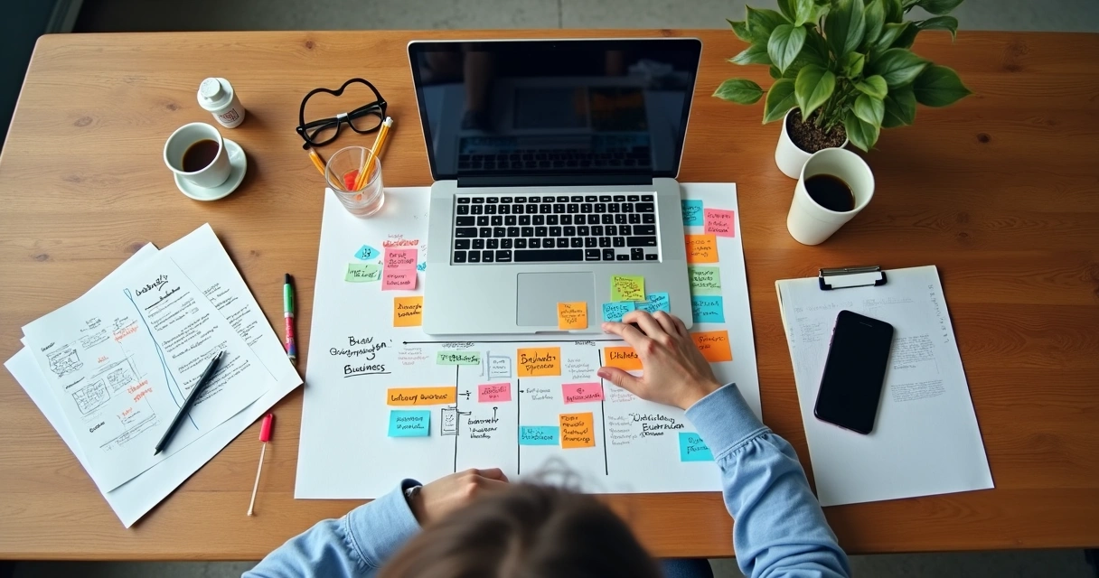 Mesa de trabalho com laptop, post-its coloridos e rascunhos de plano de negócio digital 