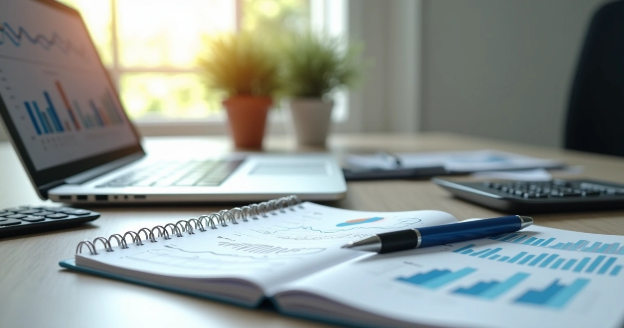 Mesa de escritório organizada com laptop aberto mostrando gráficos financeiros, caderno de anotações com plano de negócios, caneta e calculadora ao lado, luz natural suave iluminando o ambiente 