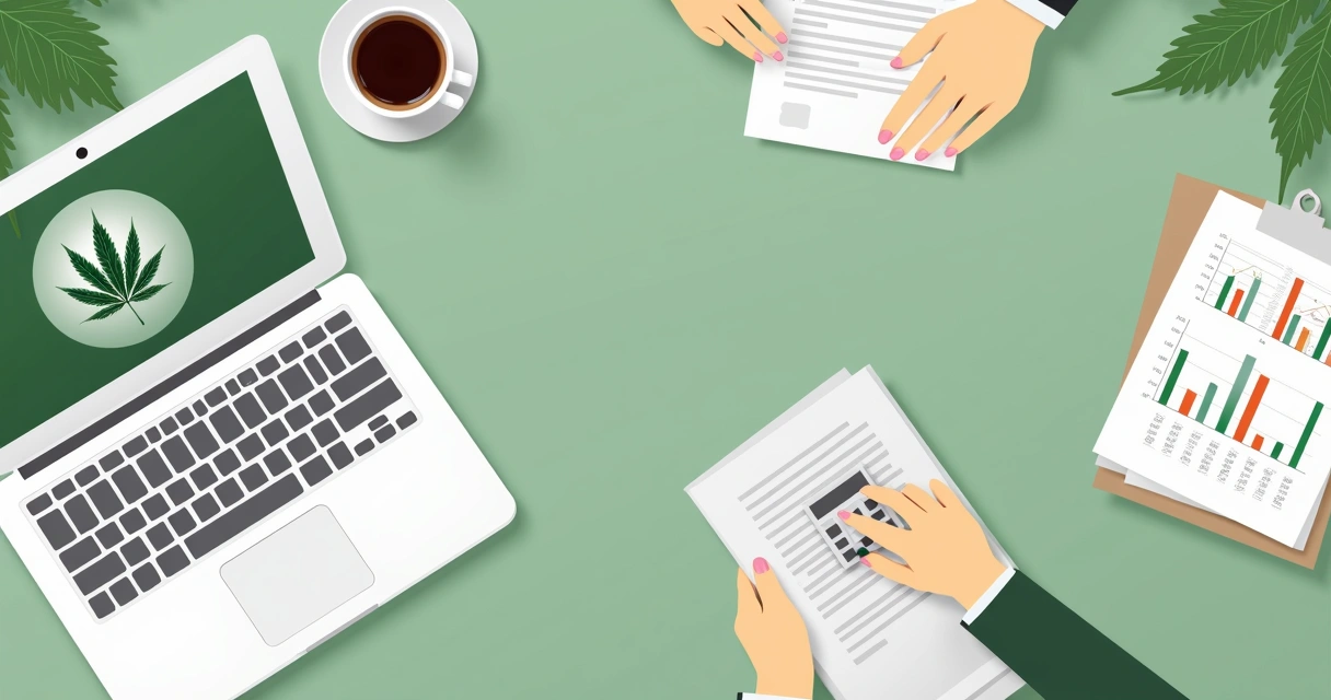 Mesa com laptop, papéis com gráficos e ilustrações de folha de cannabis, lápis e xícara de café 