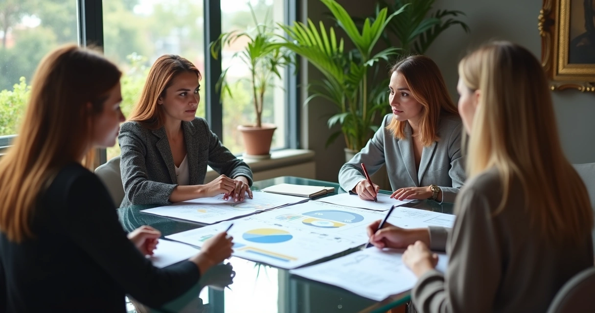 Equipe reunida em mesa de escritório analisando plano de negócios impresso 