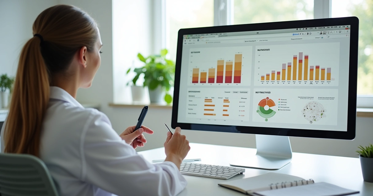 Nutricionista revisando dados digitais e plano alimentar personalizado em tela