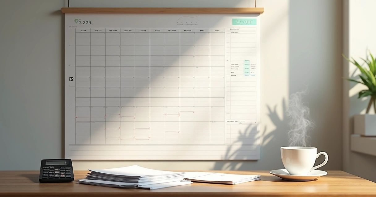 Mesa com calendário, contas organizadas, calculadora e café em ambiente iluminado 