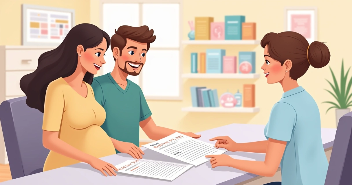 Casal conversando com profissional de saúde sobre plano de parto 