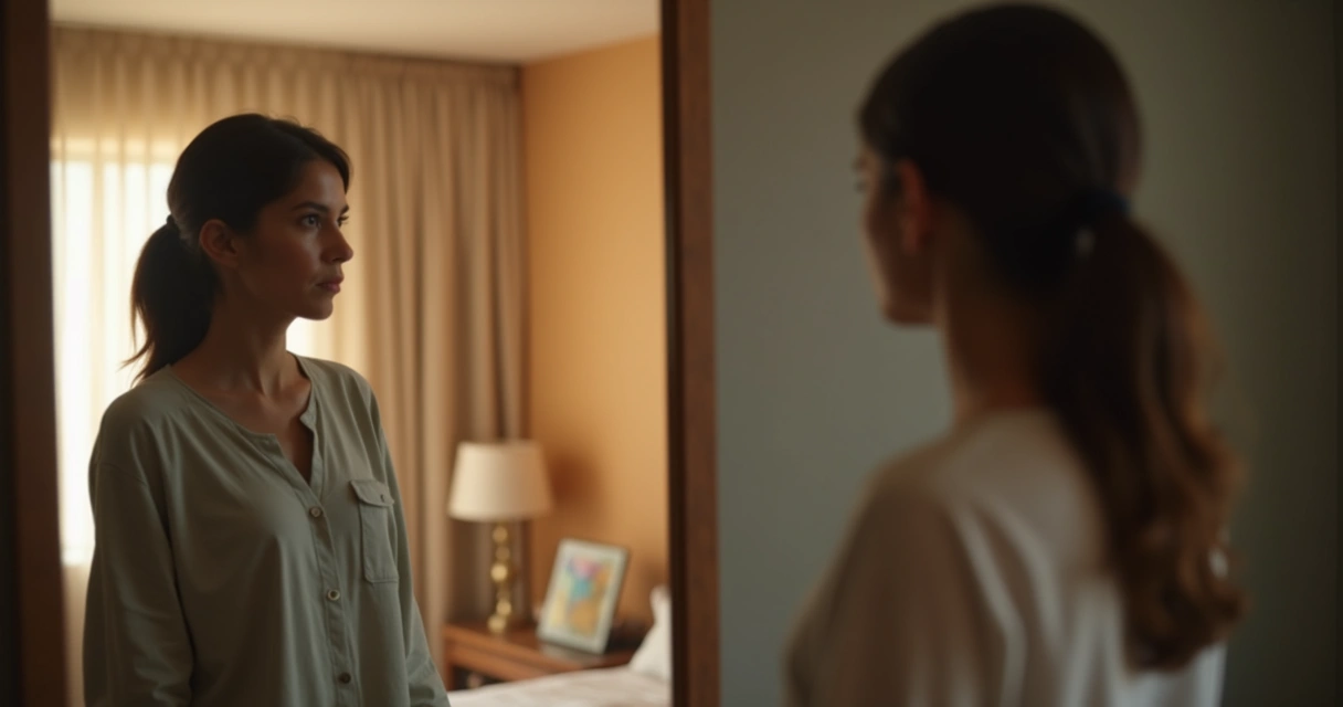 Persona reflexiva frente a un espejo, observándose, con expresión serena. 