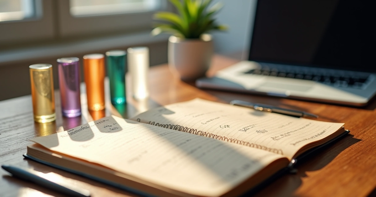 Mesa com caderno de planejamento pessoal ao lado de ilustrações de pilares luminosos 