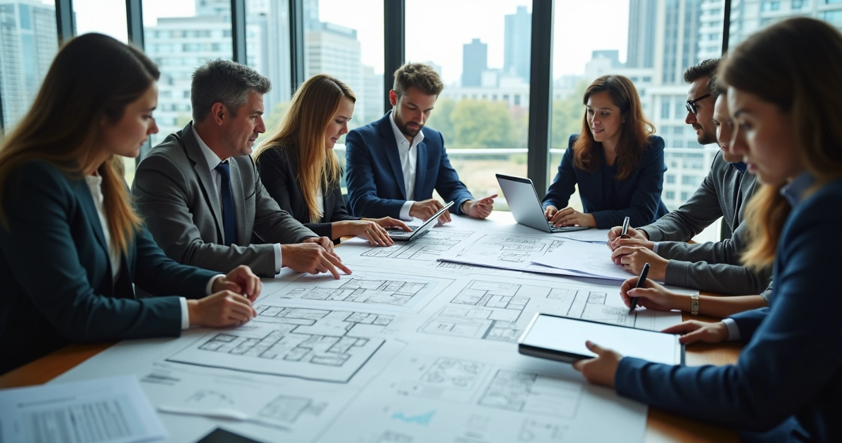 Equipe analisando planta baixa e sistemas de segurança contra incêndio 