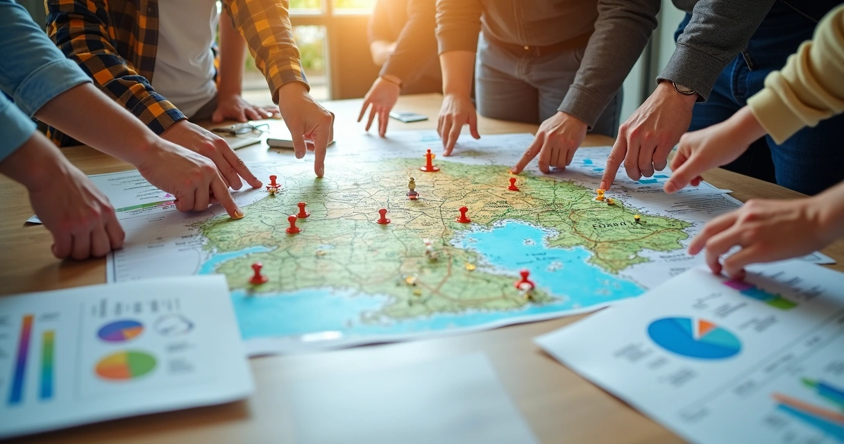 Mapa de projetos em destaque com foco em comunidade e estratégia