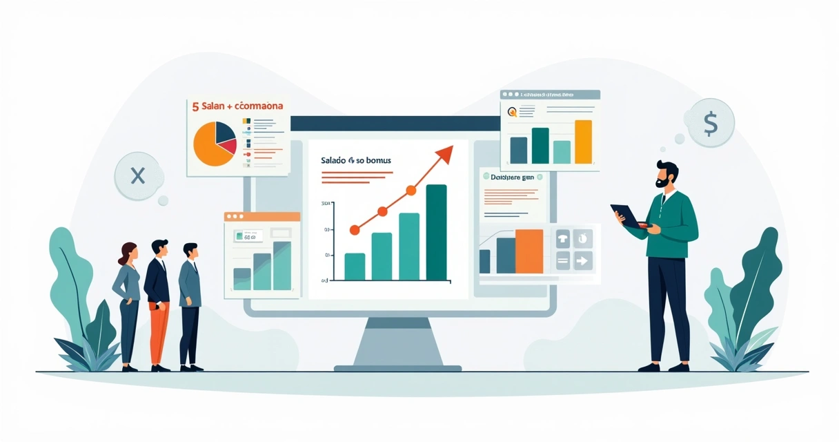 Gestor de vendas analisando plano de remuneração comercial em gráficos e tabelas 