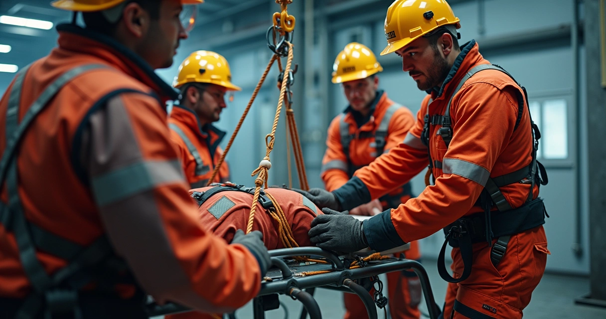Equipe realiza simulação de resgate em altura com maca e cordas, ambiente industrial 