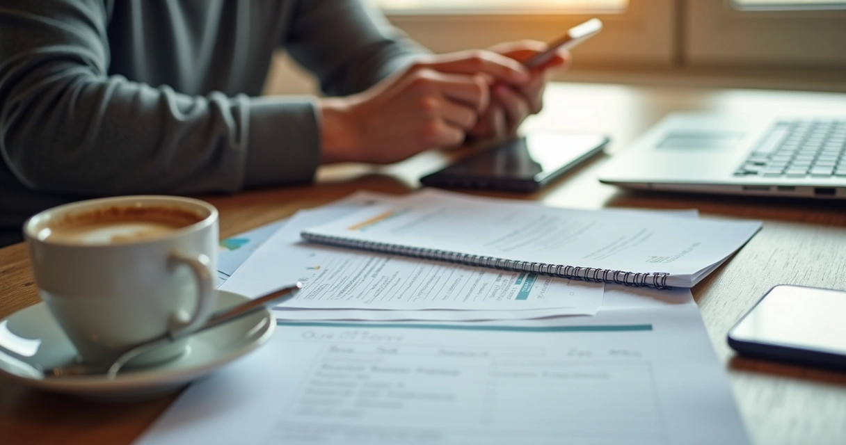 Pessoa sentada com notebook e papéis, simulando contratação de plano de saúde 