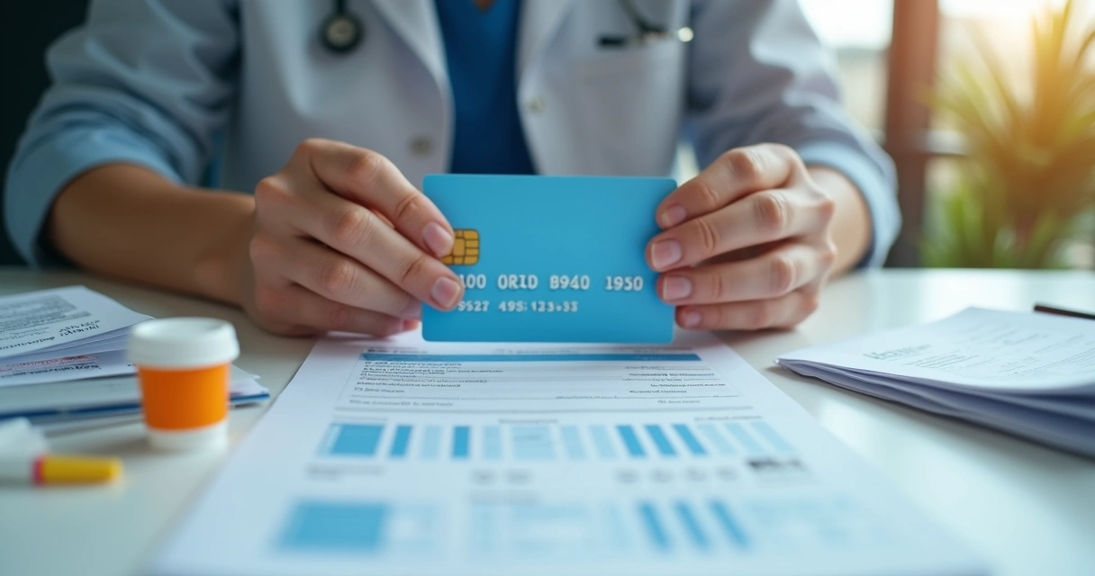 Pessoa segurando cartão de plano de saúde ao lado de boletos médicos 