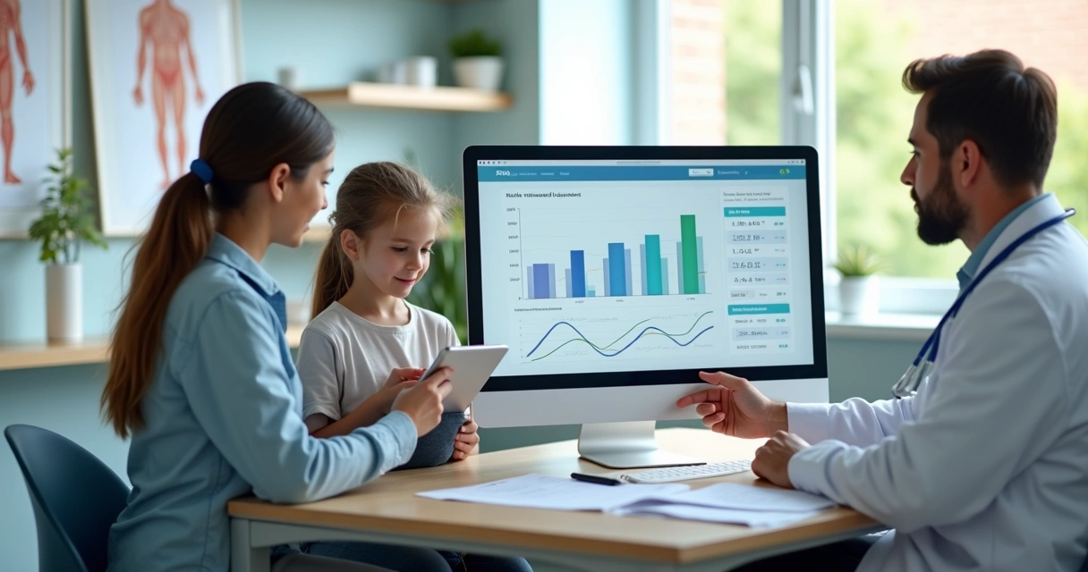 Mãe com criança em consulta pediátrica discutindo plano de saúde com médico 