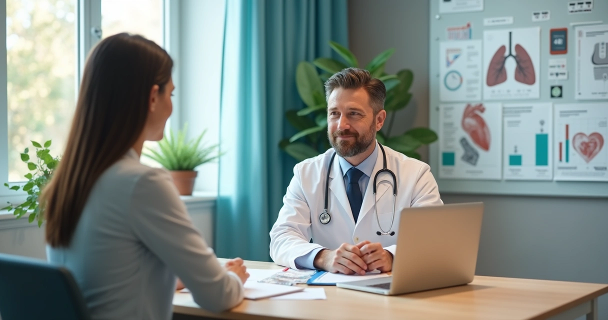 Médico e paciente conversando sobre tratamento de doença crônica em consultório moderno 