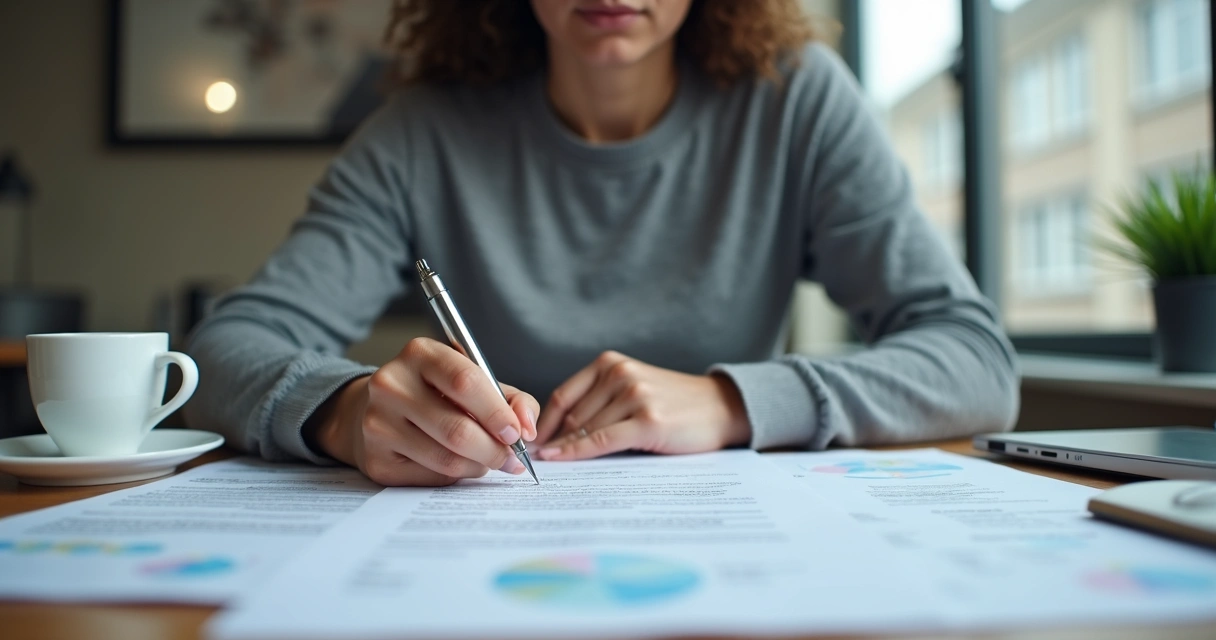 Pessoa lendo contrato de plano de saúde com documentos médicos sobre a mesa. 