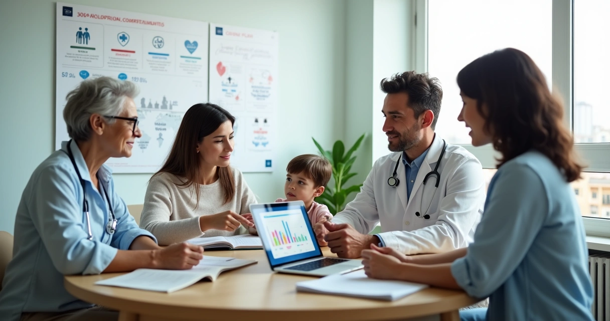 Família conversa com médica em consultório moderno sobre plano de saúde familiar 