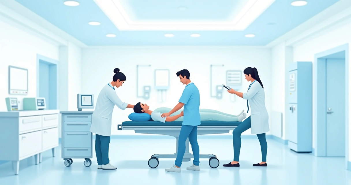 Ambiente hospitalar com equipe médica e paciente em atendimento 
