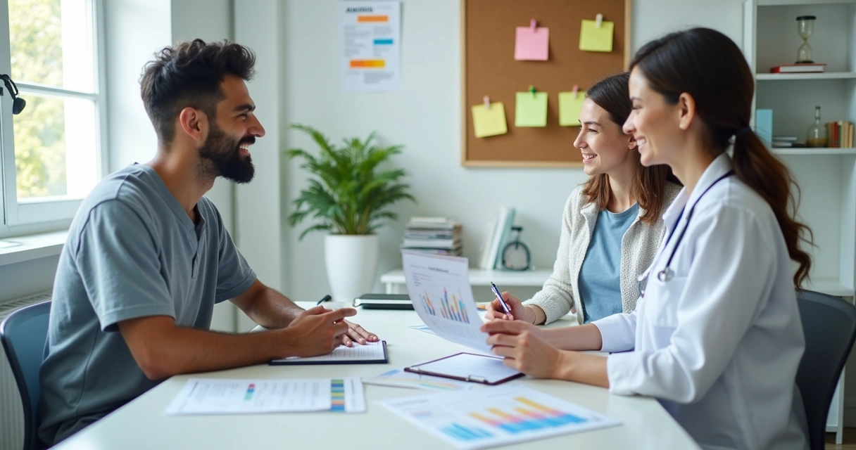 Pessoa com TDAH em consulta com médica ao lado da família falando sobre plano de saúde 