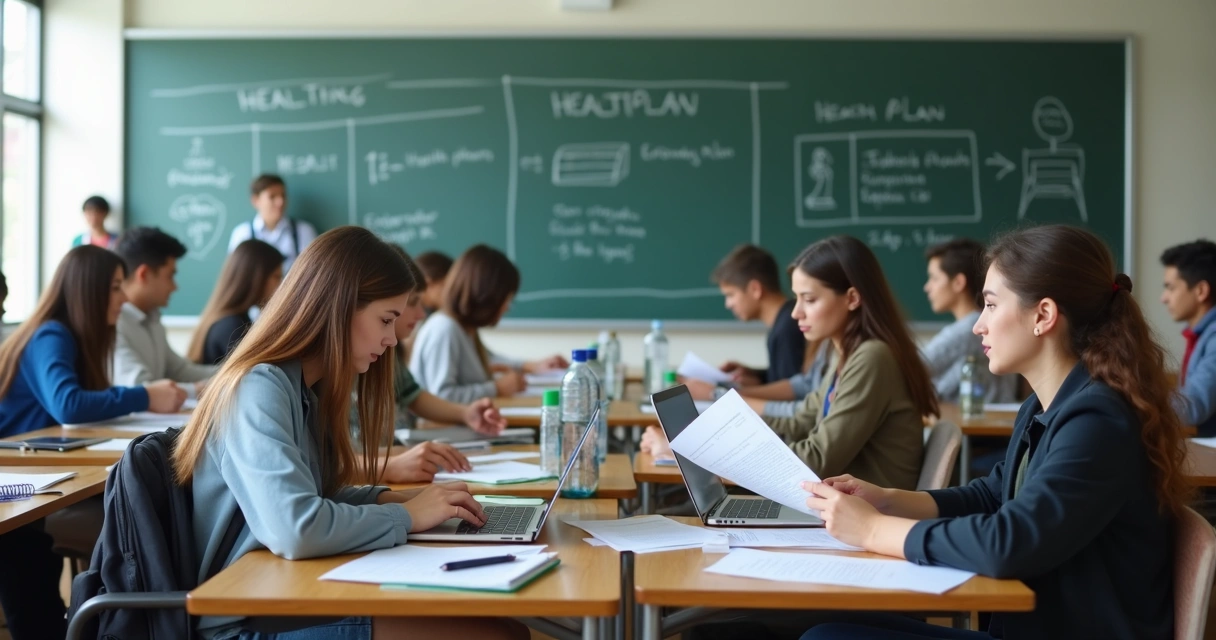 Universitários sentados em sala de aula, alguns analisando documentos de plano de saúde, com notebooks, mochilas e expressão atenta. 