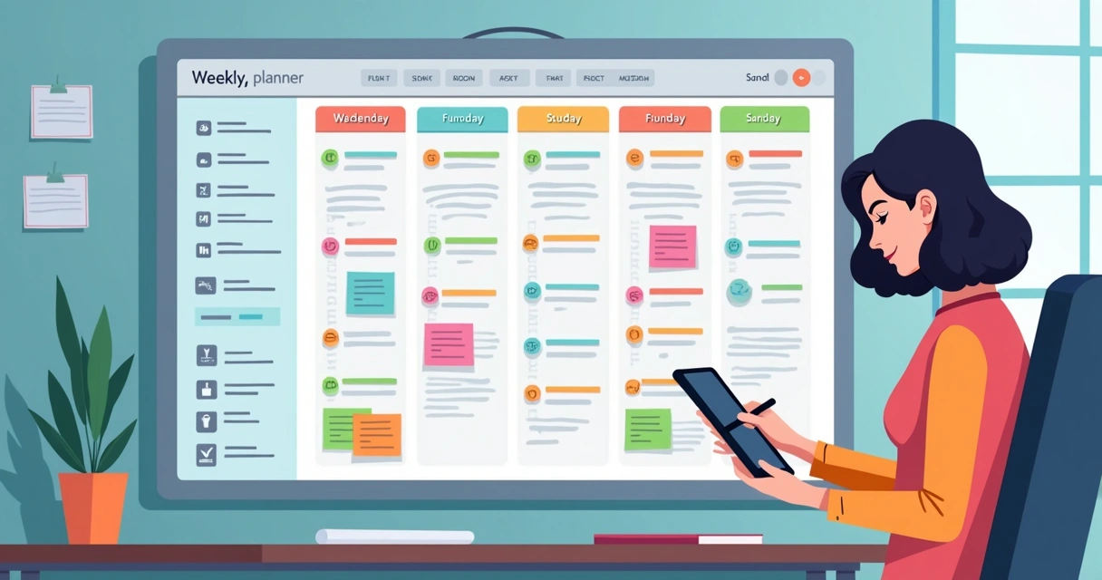 Planejamento semanal e mensal em quadro digital com tarefas detalhadas 