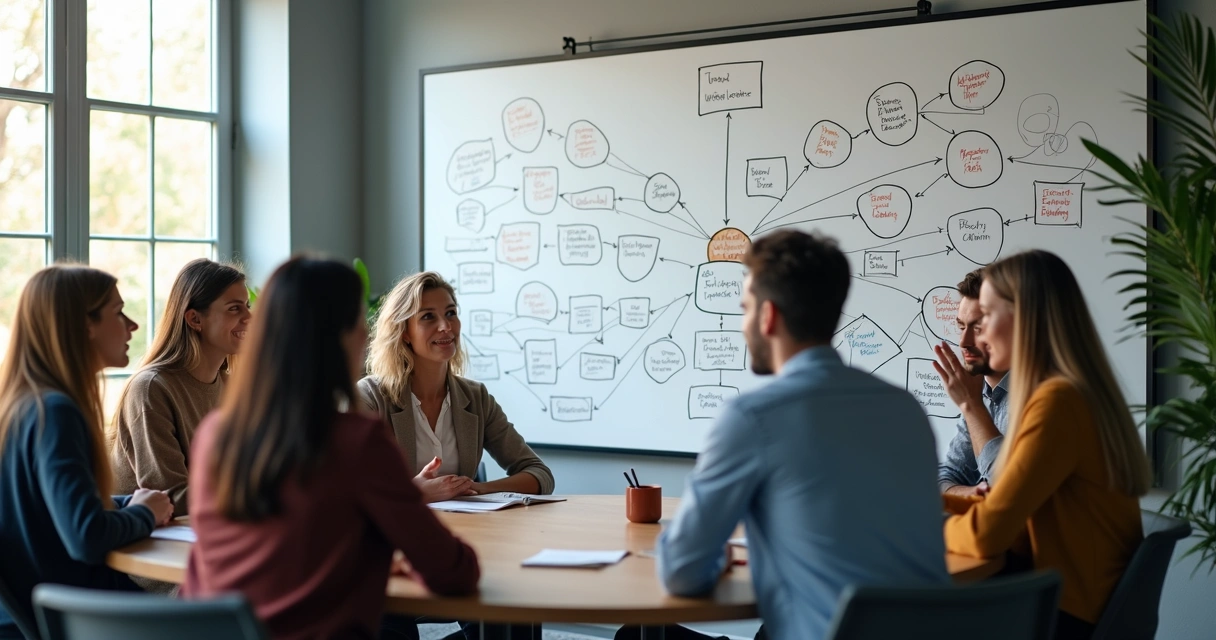 Equipe reunida em círculo, discutindo com diagramas na parede 