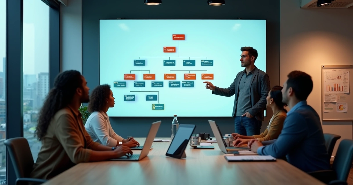 Líder de tecnologia mostrando plano de sucessão em tela para equipe em escritório moderno 