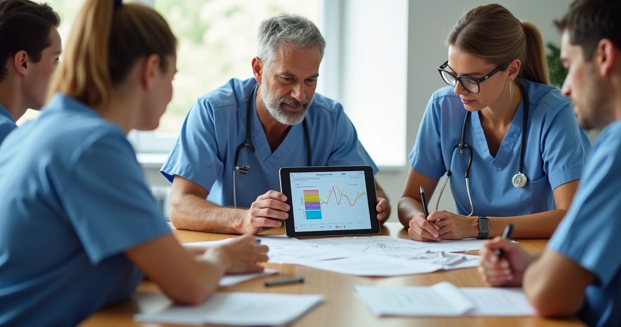Profissionais de saúde reunidos em mesa discutindo plano de tratamento 