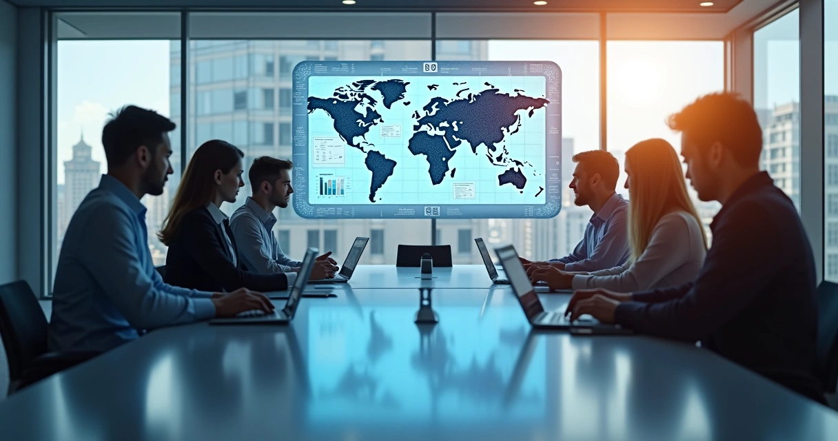 Mesa de reunião com executivos analisando plano de TI com mapas e gráficos digitais 