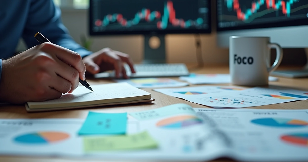 Plano de trading anotado em papel com gráficos ao fundo 