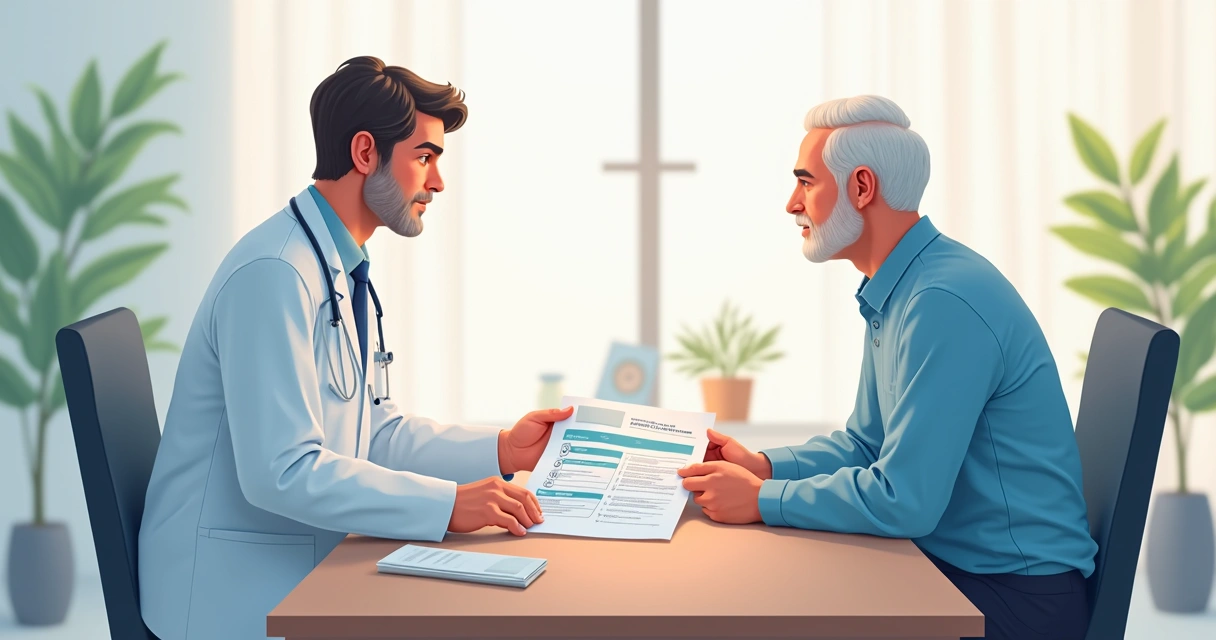 Oncologista mostrando plano de tratamento para paciente 