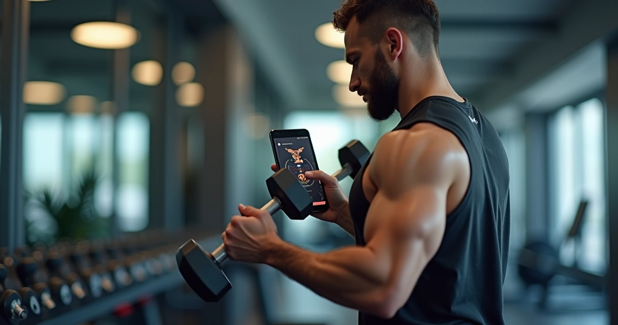 Homem treinando musculação com orientação de aplicativo em smartphone, ambiente de academia bem iluminado 
