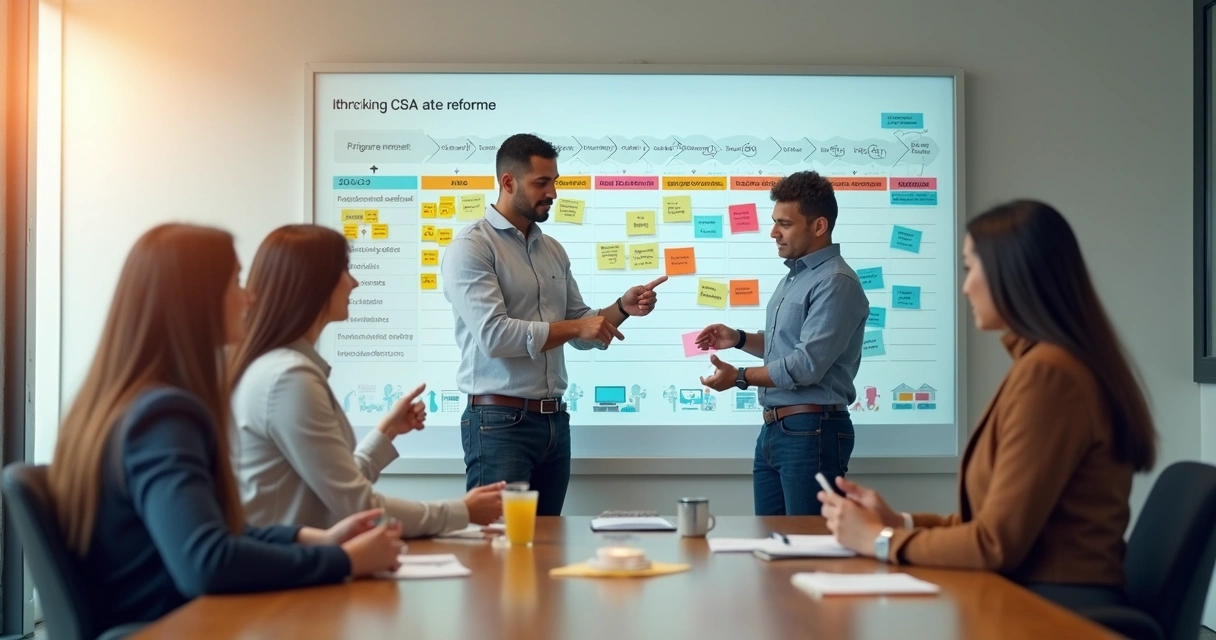 Equipe de e-commerce analisando cronograma da reforma tributária em reunião