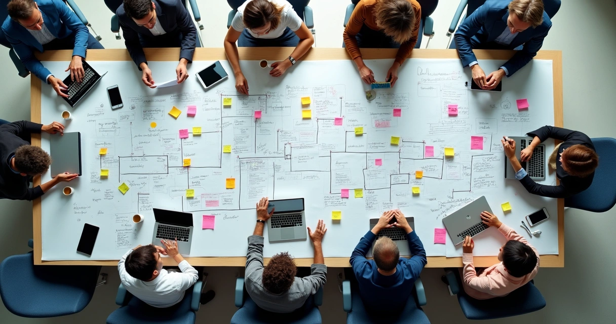 Visão superior de um quadro branco de RH com esquemas de trilhas de desenvolvimento e colaboradores reunidos ao redor 