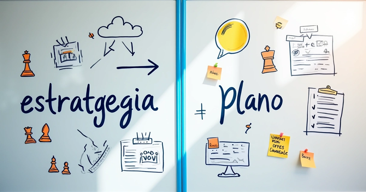 Quadro branco dividido ao meio entre estratégia de um lado e plano do outro, com desenhos de setas e gráficos coloridos 