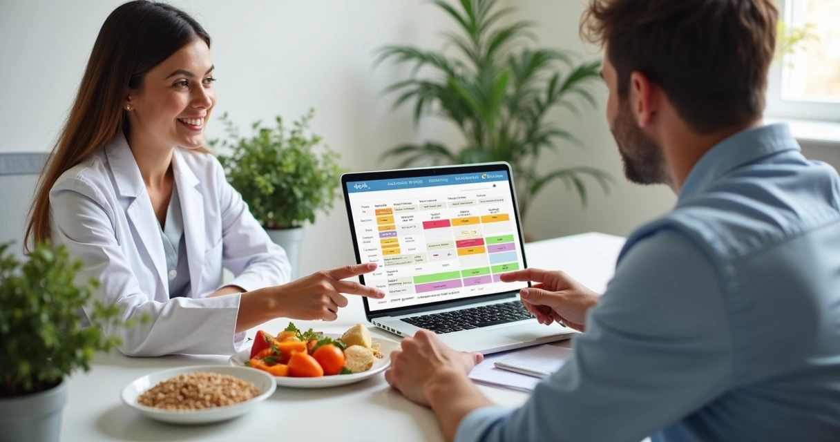 Nutricionista mostrando plano alimentar digital no notebook para paciente durante consulta 