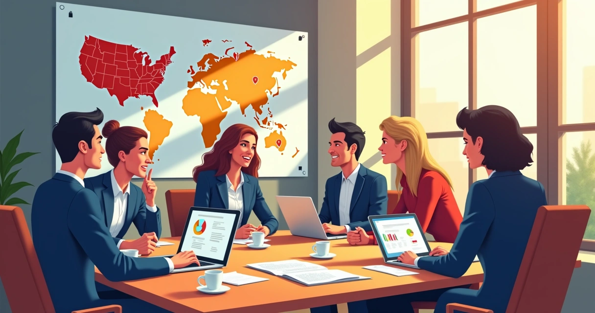 Equipe de campanha reunida ao redor de uma mesa com computadores e tablets, mapas e gráficos na parede 