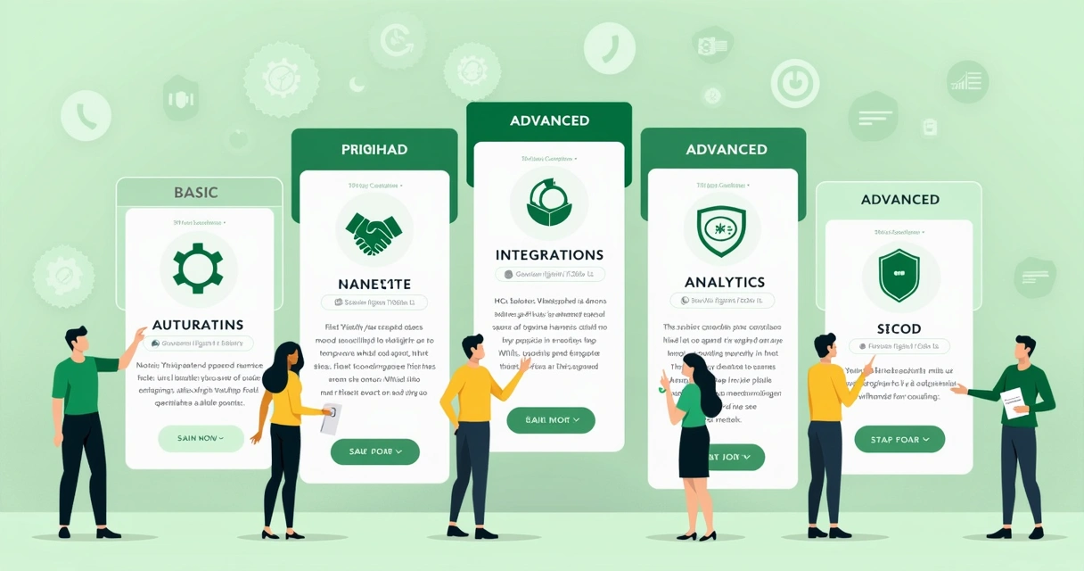 Vários tipos de planos de chatbot WhatsApp em uma ilustração 