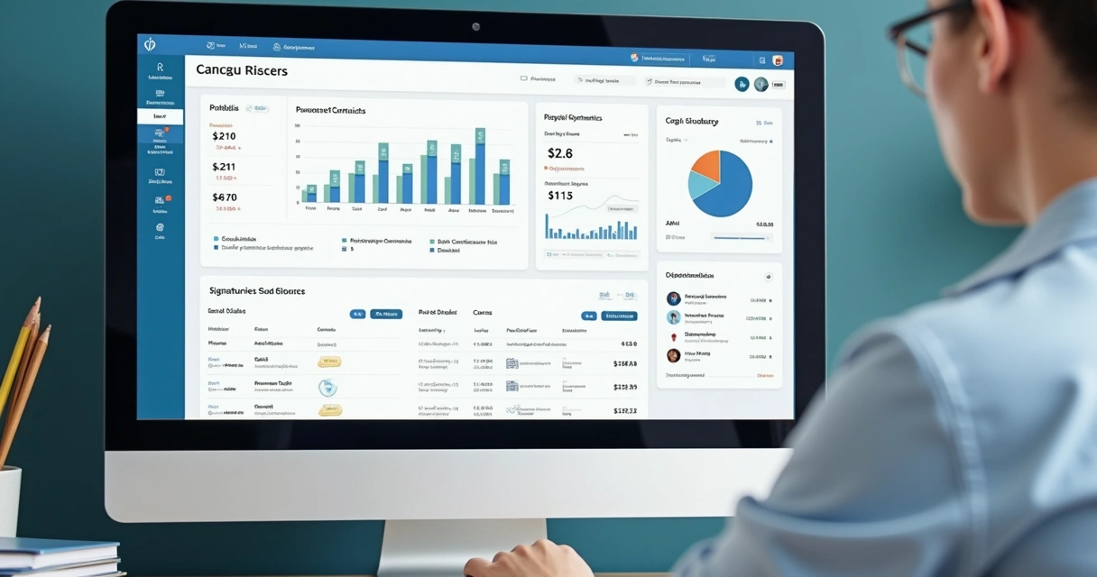 Interface digital de sistema financeiro escolar com gráficos e contratos digitais na tela