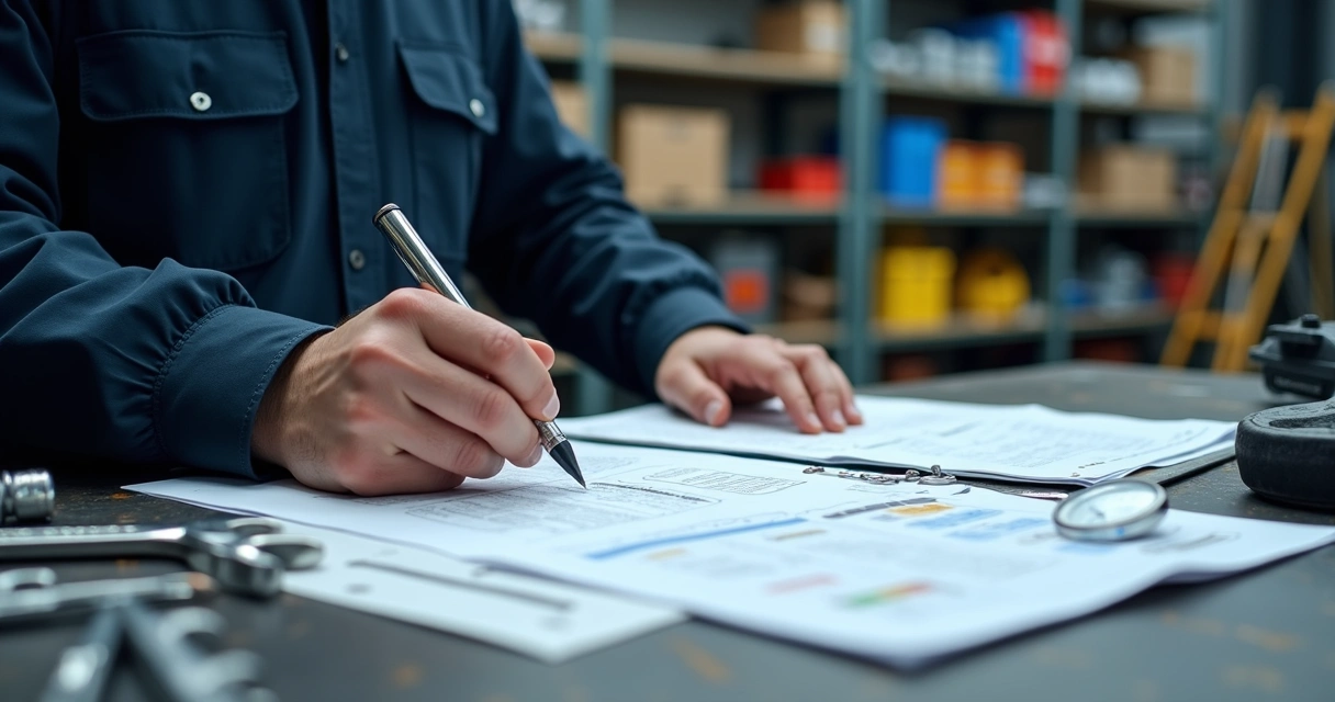 Técnico revisando documentos e planos de manutenção em bancada com ferramentas ao lado 