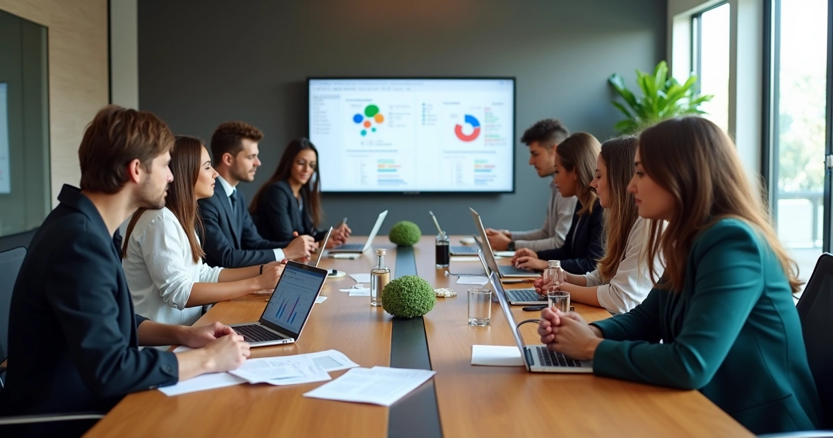 Equipe de profissionais brasileiros analisando juntos diferentes planos e recursos do Notion em uma mesa de reunião