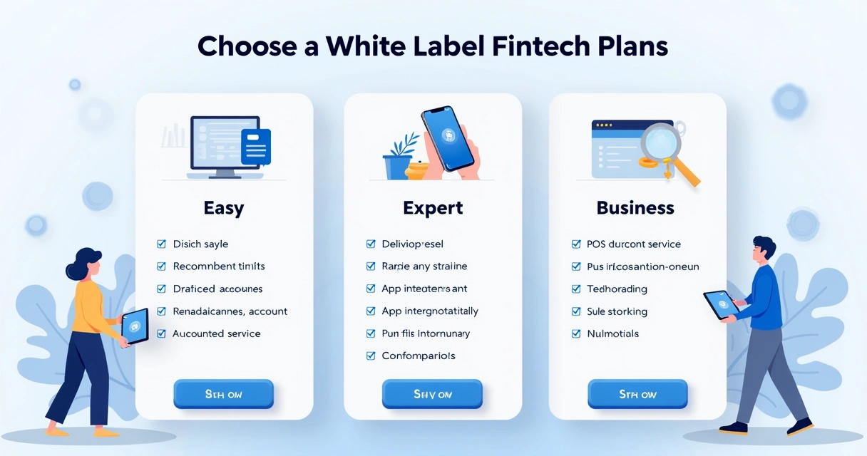 Três colunas comparando planos white label para fintechs com listas de funcionalidades 