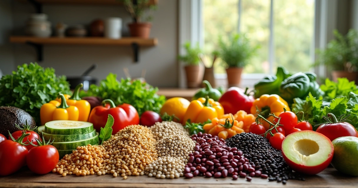 Assorted plant-based foods on a kitchen table