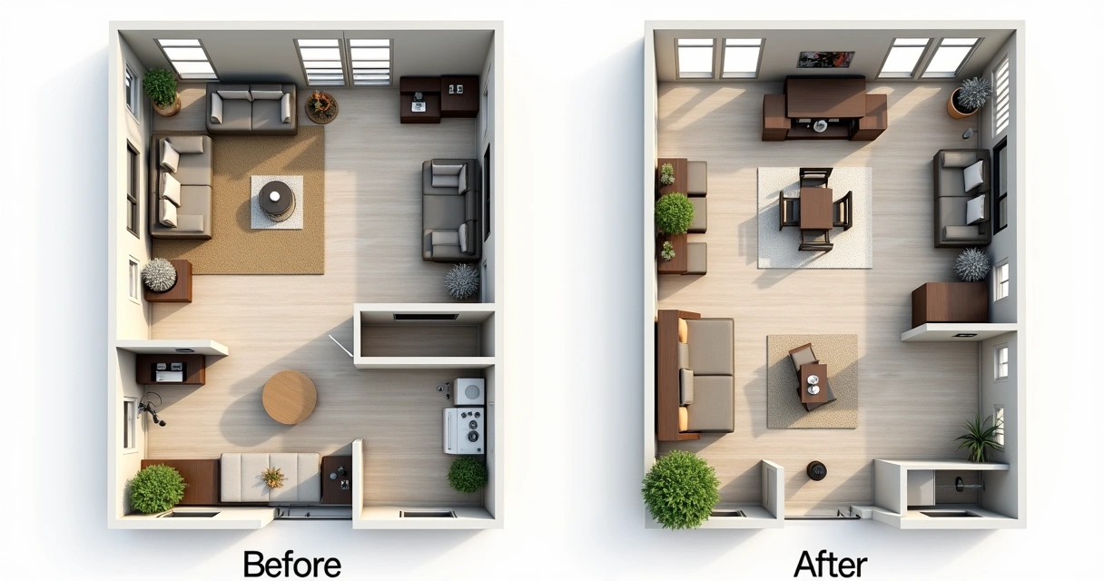 Esquema de planta com antes e depois do apartamento 