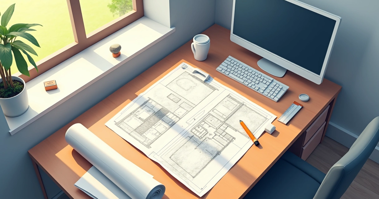 Planta e documentos sobre uma mesa de escritório 