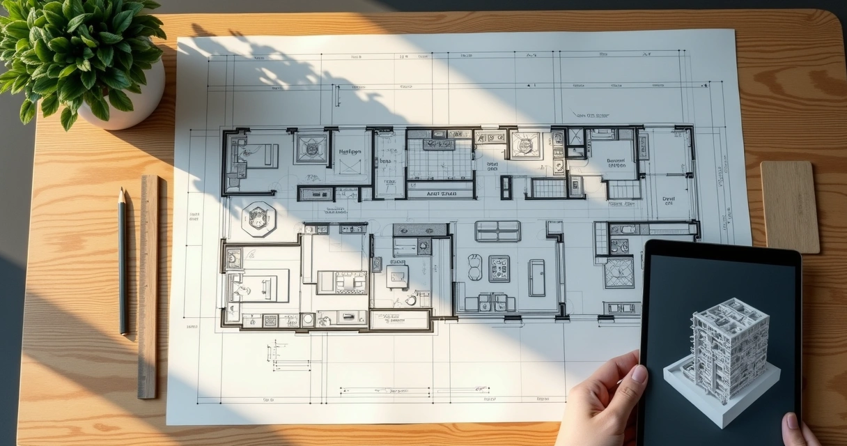 Planta baixa detalhada mostrando layout de sala, cozinha e quartos com móveis e dimensões 