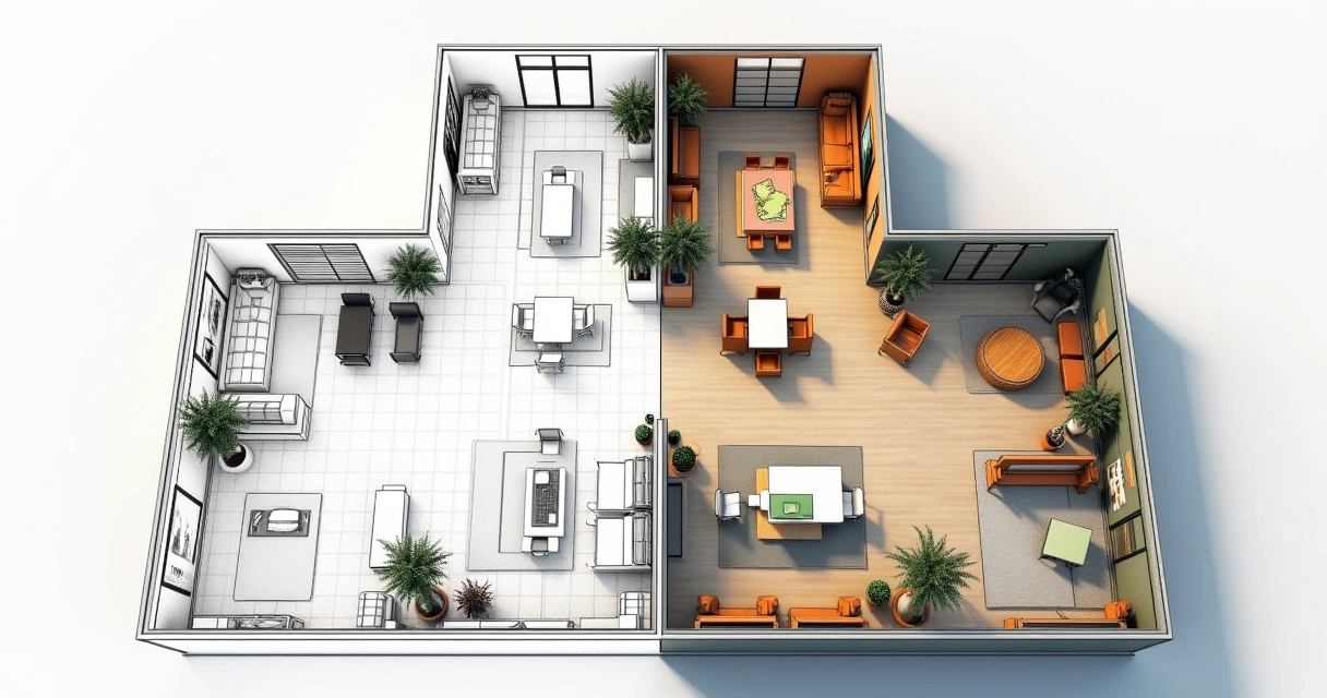 Planta baixa humanizada com móveis e decoração 