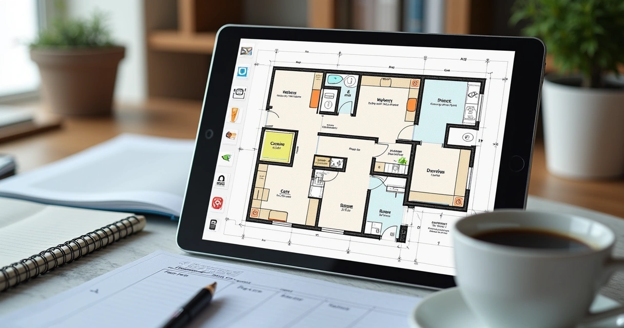 Planta baixa colorida com marcações digitais 
