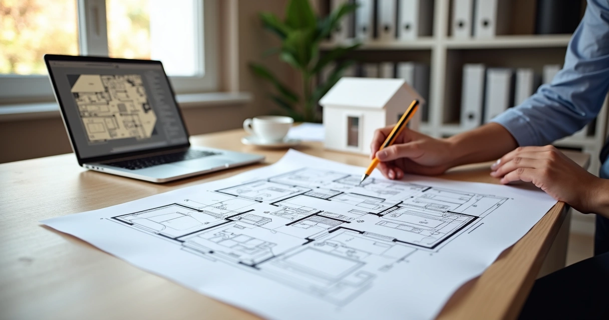 Pessoa analisando planta baixa impressa sobre a mesa com laptop e miniatura de casa 