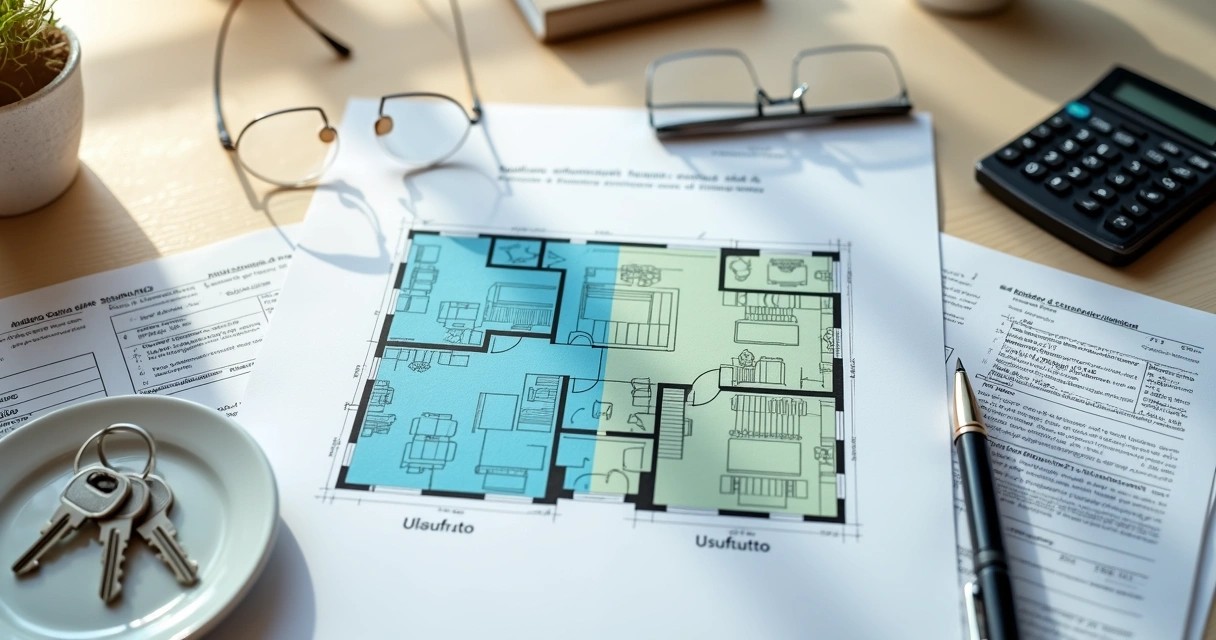 Planta baixa de imóvel dividida entre usufruto e doação na mesa com documentos jurídicos 