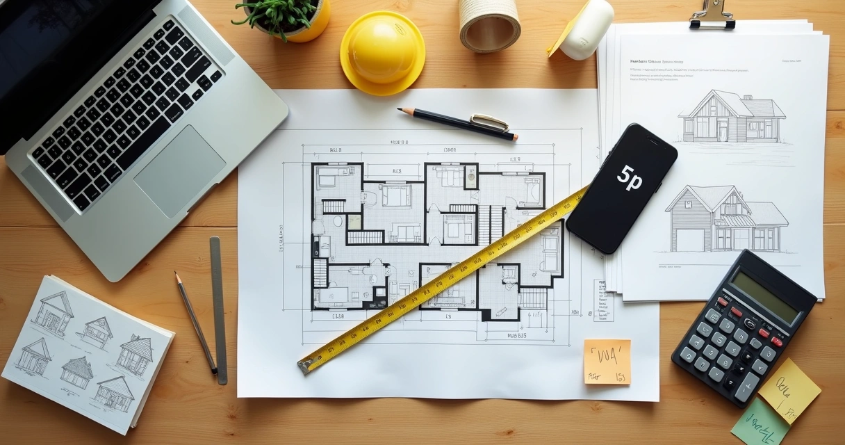 Planta de casa sobre a mesa com fita métrica e cálculo de orçamento ao lado 